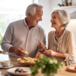 elderly couple cooking breakfast together in their spacious kitchen.